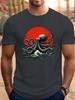 Unisex Dark Gray Tee Vintage Japanese Octopus Wave Red Sun Graphic Print Crew Neck Short Sleeve Summer Casual Male Cotton Daily Top