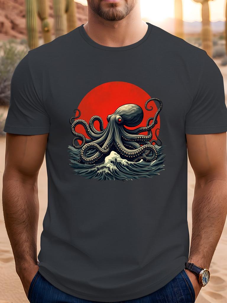 Unisex Dark Gray Tee Vintage Japanese Octopus Wave Red Sun Graphic Print Crew Neck Short Sleeve Summer Casual Male Cotton Daily Top
