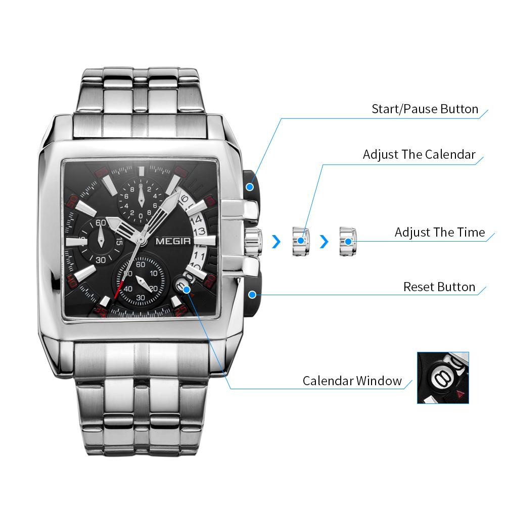 Megir Blau Edelstahl Männer Uhr Rechteck Große Zifferblatt Business Quarz männer Armbanduhren Relogio Masculino Militär Uhr Mann