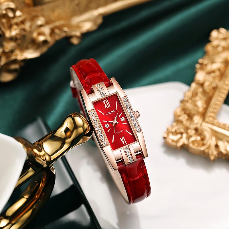 Exquisite Women's Square Dial Quartz Watch with Green Strap and Diamond Accents