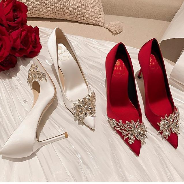 Wedding Shoes Red High Heels Women's Stiletto 2024 Spring and Autumn Women's New Pointed Single Shoes Soft Bride Shoes High Heels Women's Shoes