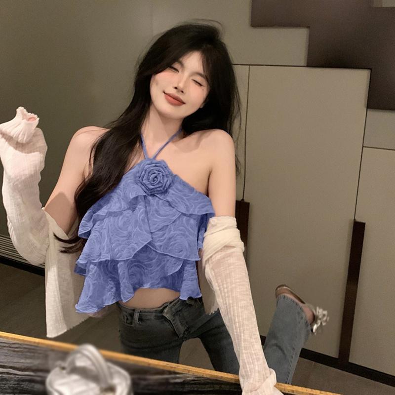 Dámský top květinové halenky Volánky Bandáž Košile Slim Crop Tops bez zad