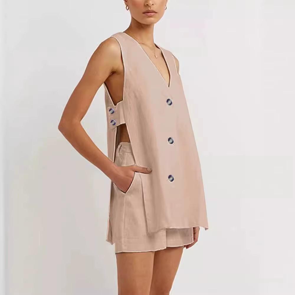 White Cotton Set for Women's Fashion Sexy Hollow Button Long Sleeveless Top Shorts Elastic Waist Comfortable Home Suit Women's