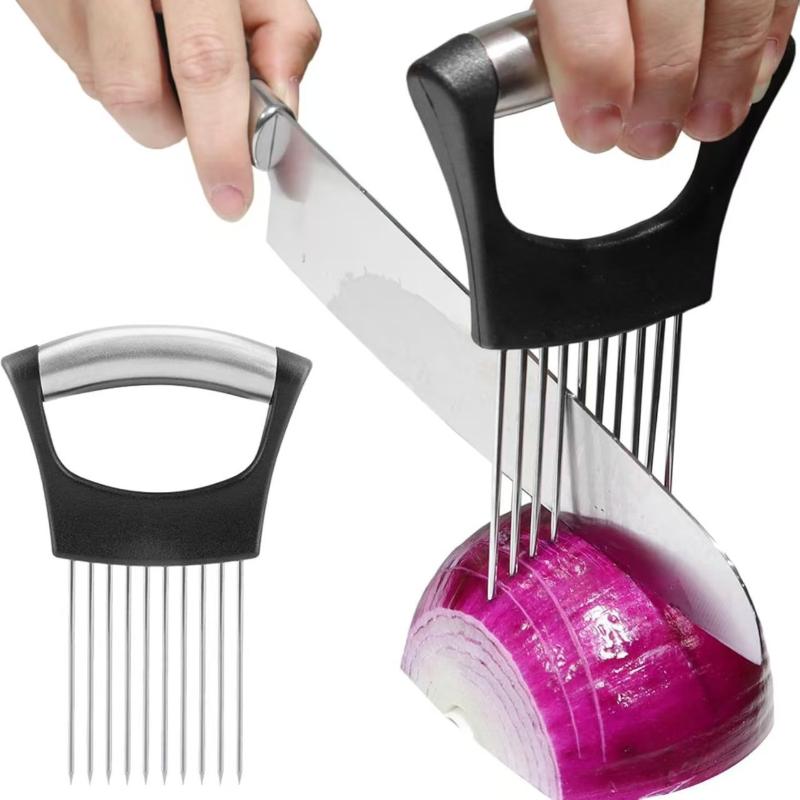 Stainless Steel Onion Cutter Holder Food Slicers Assistant Tomato Onion Slicer Holder Vegetables Cutting Fork Kitchen Gadgets