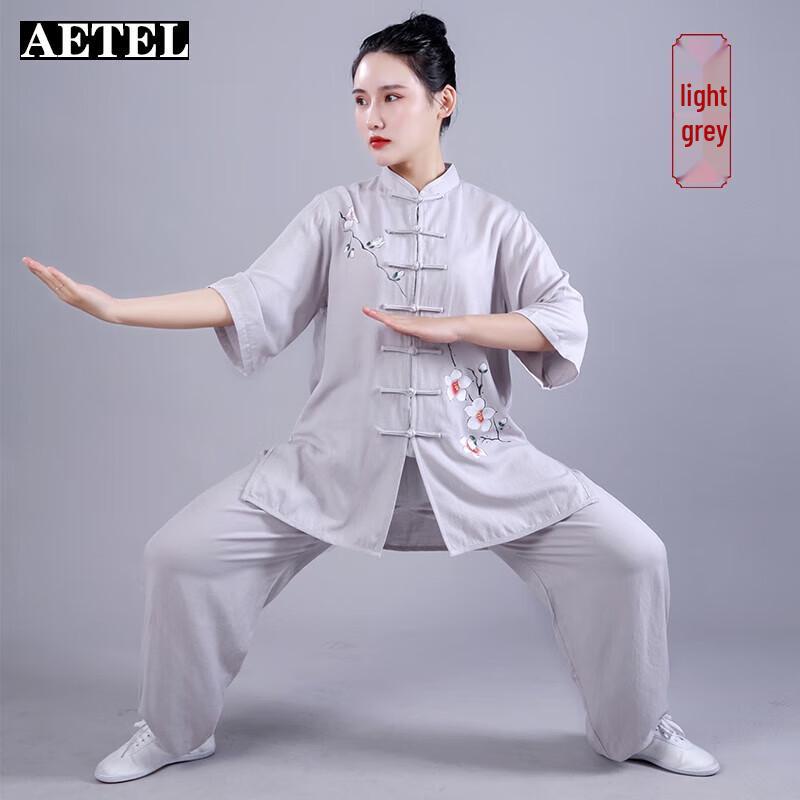 AETEL Women's Loose Fit Cotton Linen Short Sleeve Tai Chi Uniform Set