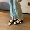 Womens Silver Black Two Tone Square Toe Mary Jane Block Heel Pumps Rhinestone Strap Pearl Buckle Elegant Office Daily Shoes