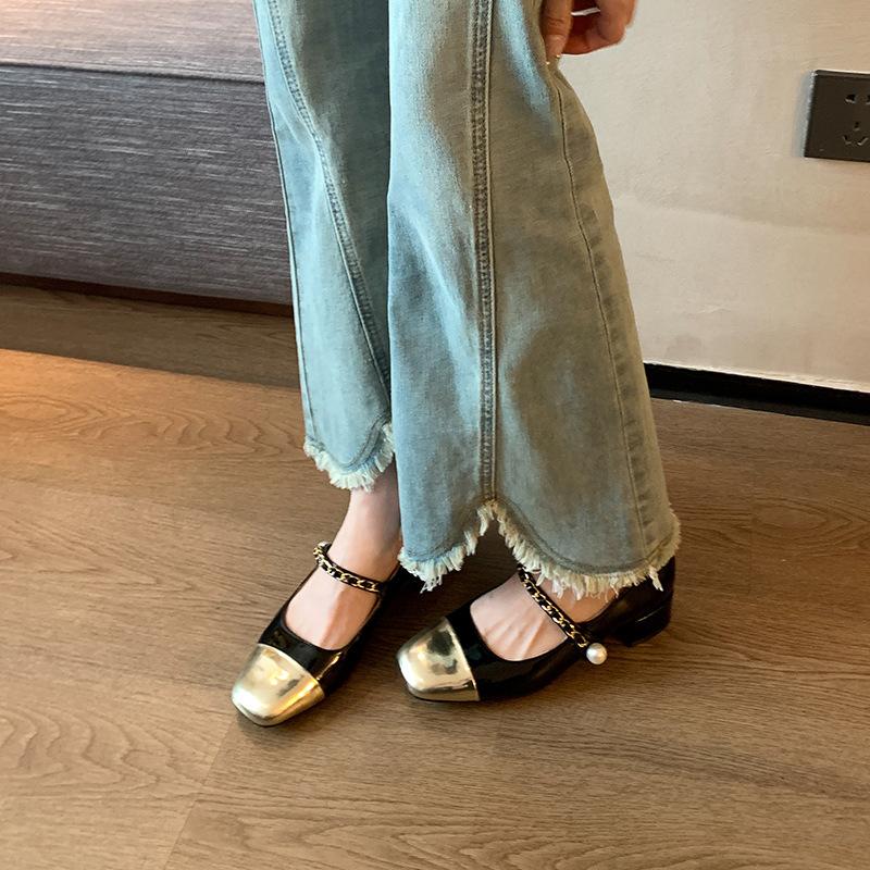 Womens Silver Black Two Tone Square Toe Mary Jane Block Heel Pumps Rhinestone Strap Pearl Buckle Elegant Office Daily Shoes