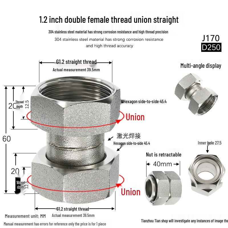 304 Stainless Steel Swivel Union Female Thread Pipe Fitting, Double Female Thread, 6 Points, 4 Points, 1 Inch, for Water Meter/Pump