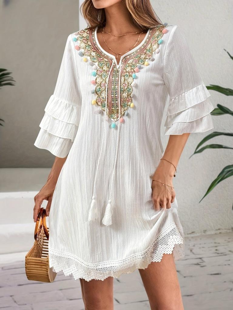 Color Pompom Tassel Solid Color Lotus Leaf Sleeve Lace Casual Bohemian Dress Women