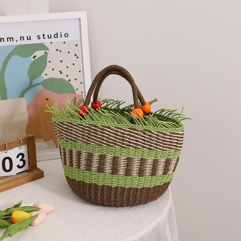 

Cute Colorful Wooden Bead Tassel Straw Bag - Women s Handheld Woven Basket Bag