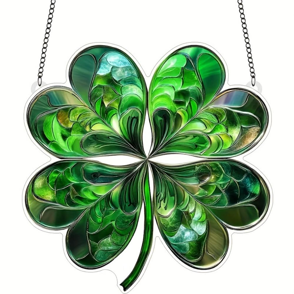 2D plochý tisk smaragdový čtyřlístek přívěsek, lapač slunce, okenní závěsná dekorace, vhodný pro zahradu, verandu, ložnici, kancelář, domov a venkovní použití