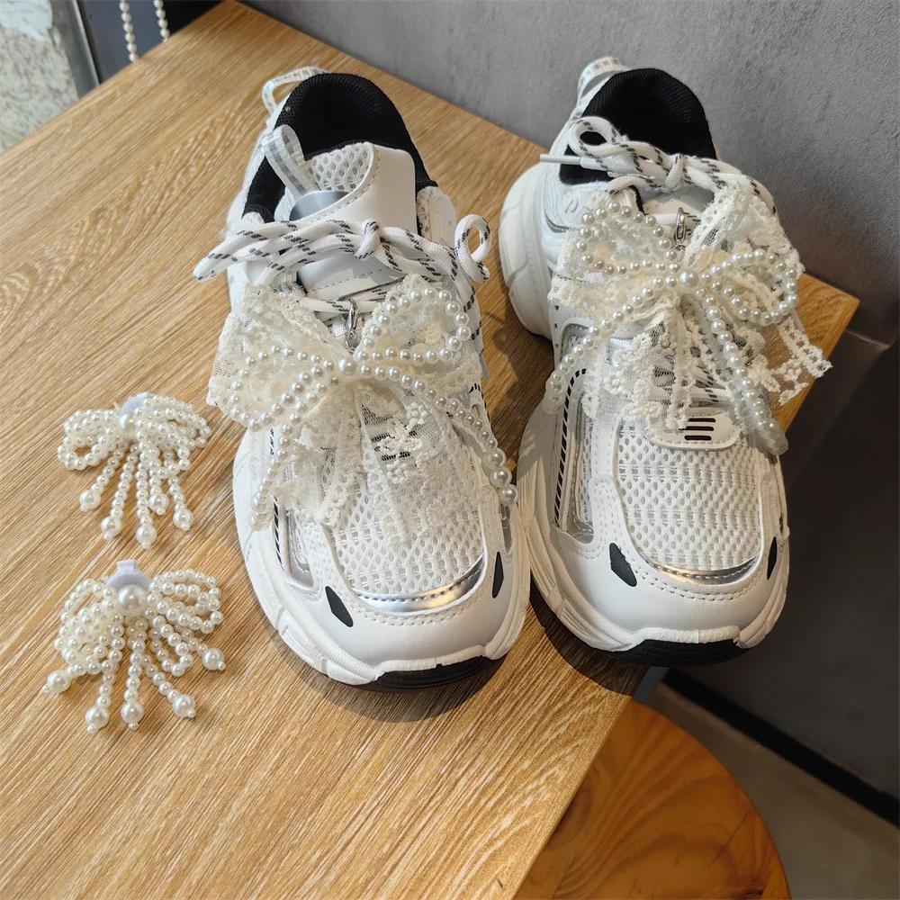 New Fashion Lace Pearl Bow Shoe Lace Charms For Sneakers Decorative Shoe Flower Buckle Premium Decorative Shoe Charm Accessories
