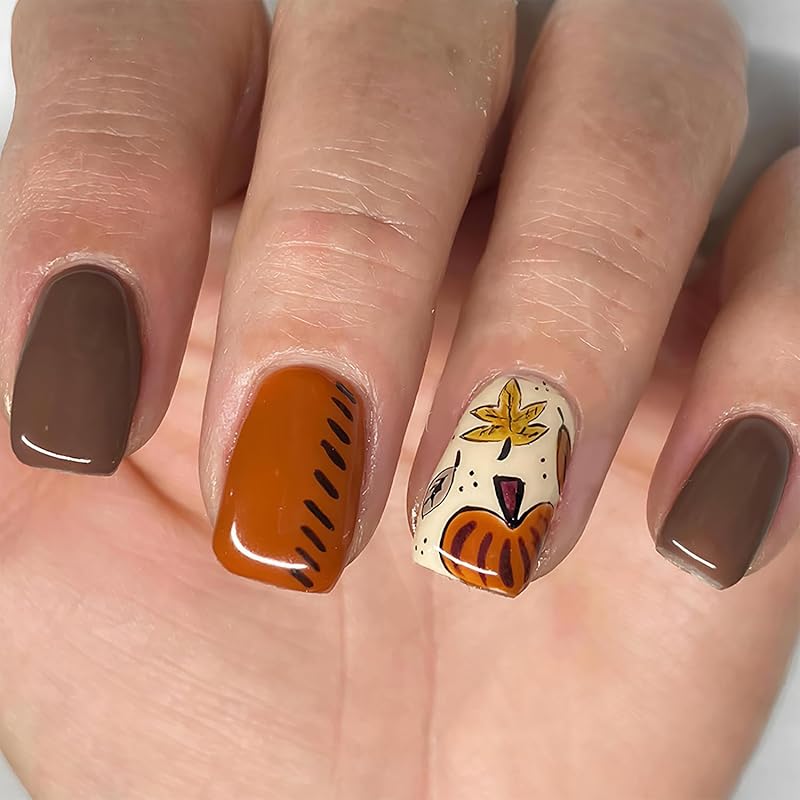 24Pcs Fall Press on Nails Medium Square Fake Nails with Autumn Leaves Designs Red Autumn Maple Leaf False Nail Thanksgiving Acrylic Nails Kit Red