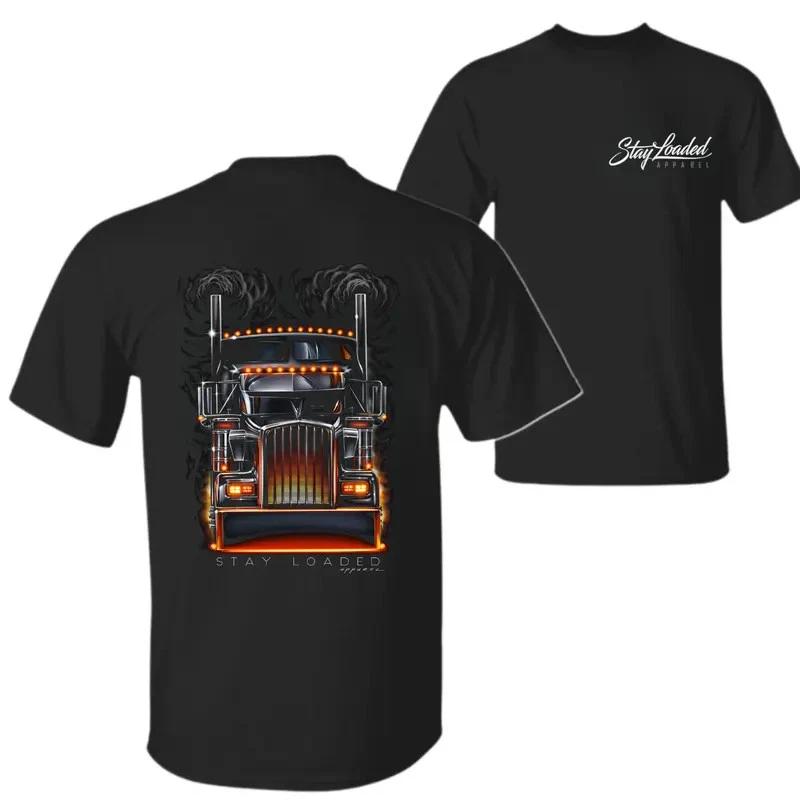 Stay Loaded Truck T-Shirt – Black Graphic Tee Featuring Front View Semi Truck XXL