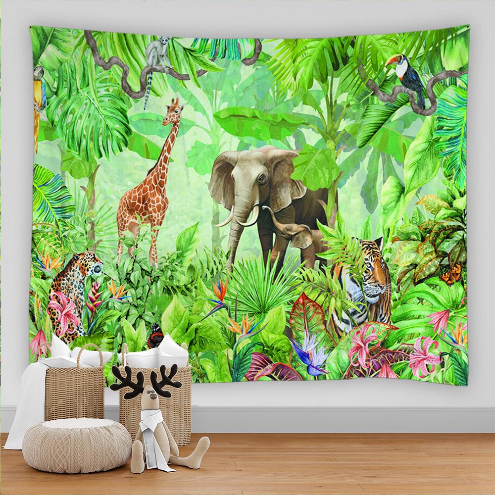 Tapiserie cu animale din pădurea tropicală tropicală, peisaj naturii, artă hippie boemă, tapiserie, saltea, masă, decorarea casei