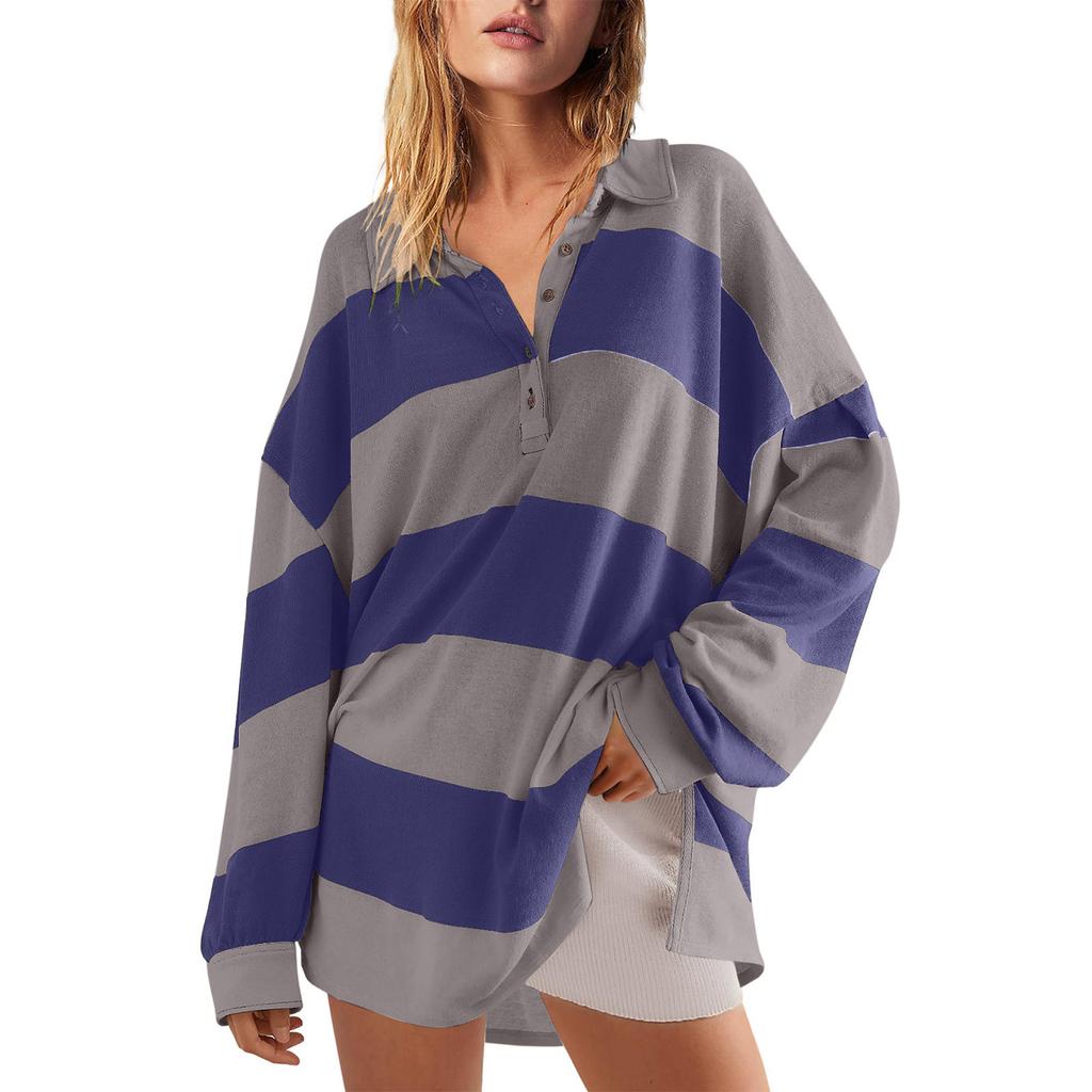 Women's Fashionable Striped Lapel Long Sleeved Sports Casual Pullover Sweatshirt Top