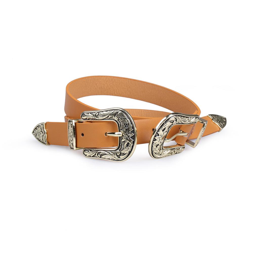 Women Double Button Faux Leather Belt With Floral Decor For Office Casual Wears