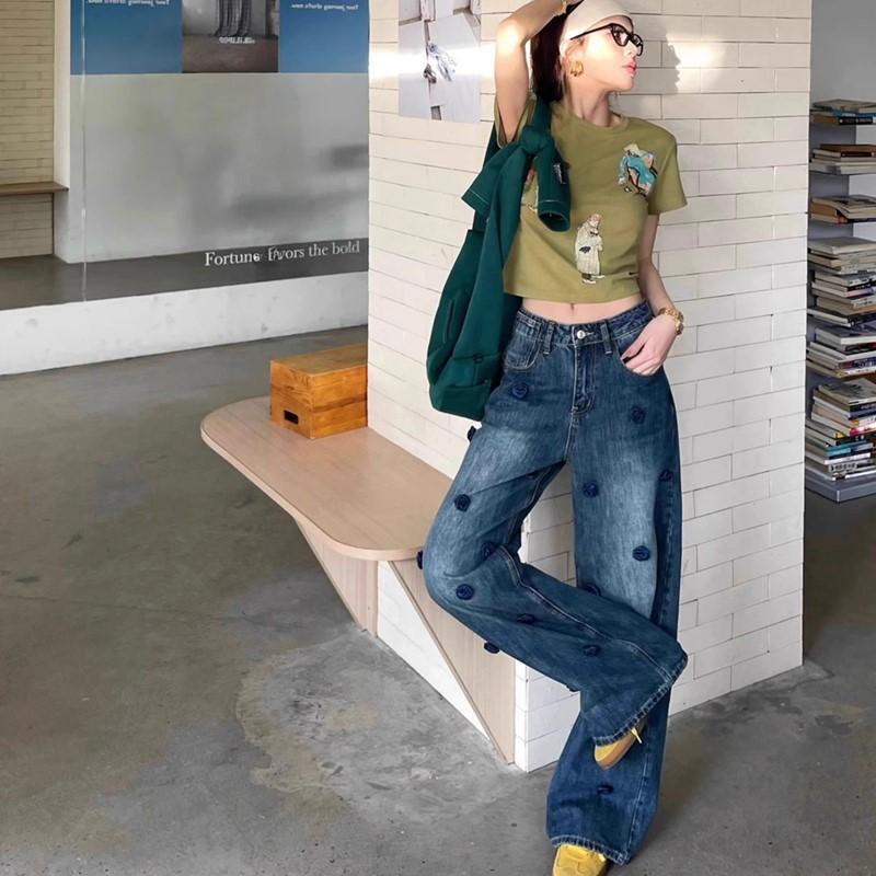Plus Size Vintage Floral High Waist Casual Loose Women Spring Summer Autumn Jeans Denim Wide Leg Pants