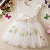 Summer Girl Flower Embroidered Mesh Dress With Bow For Toddler Girls
