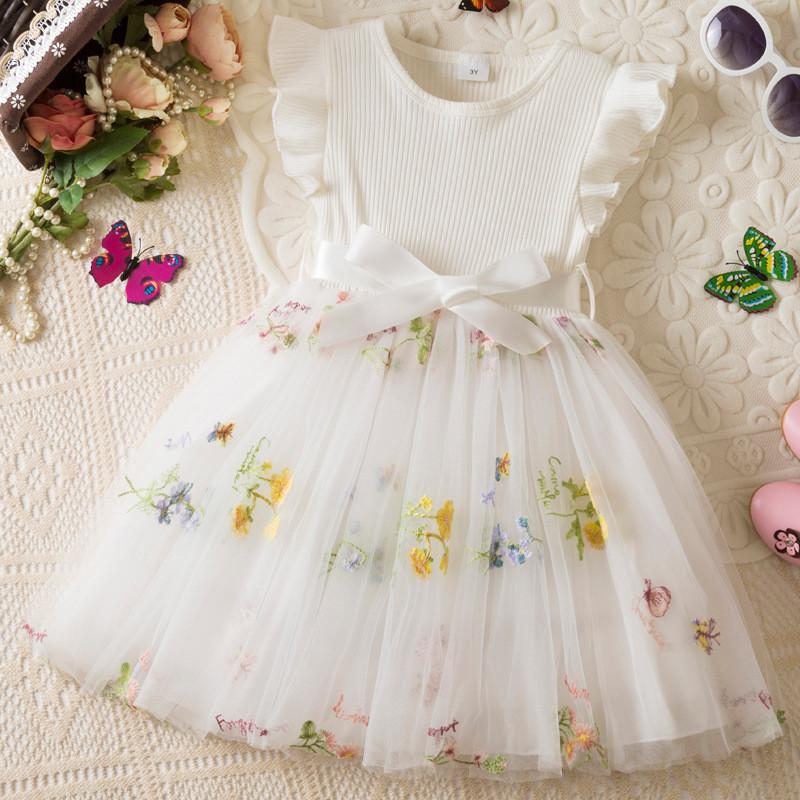 Summer Girl Flower Embroidered Mesh Dress With Bow For Toddler Girls