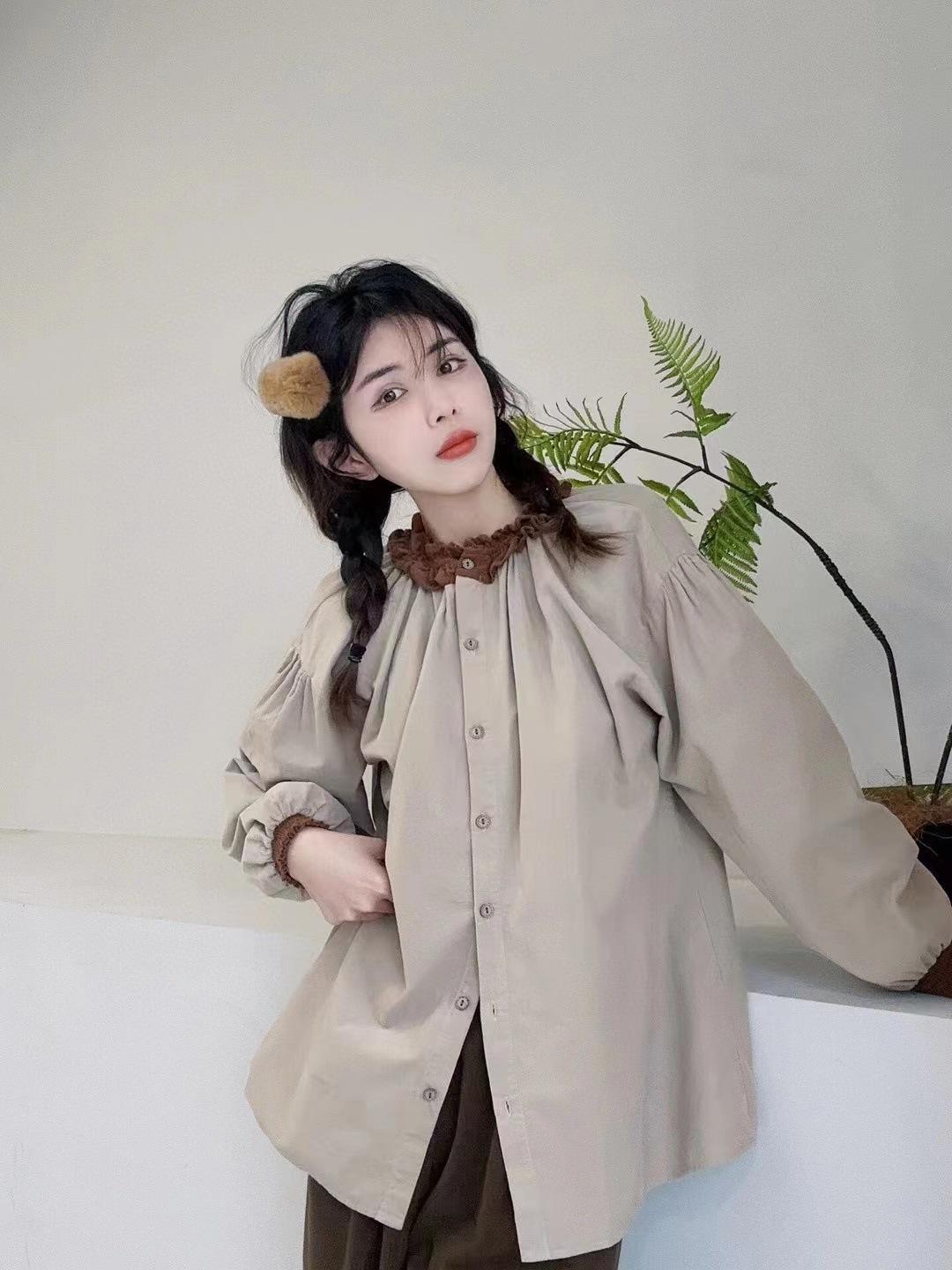 

Johnature Осенне-зимняя японская рубашка с круглым вырезом и отделкой из грибка, вельветовая женская свободная верхняя часть из леса One Size хаки