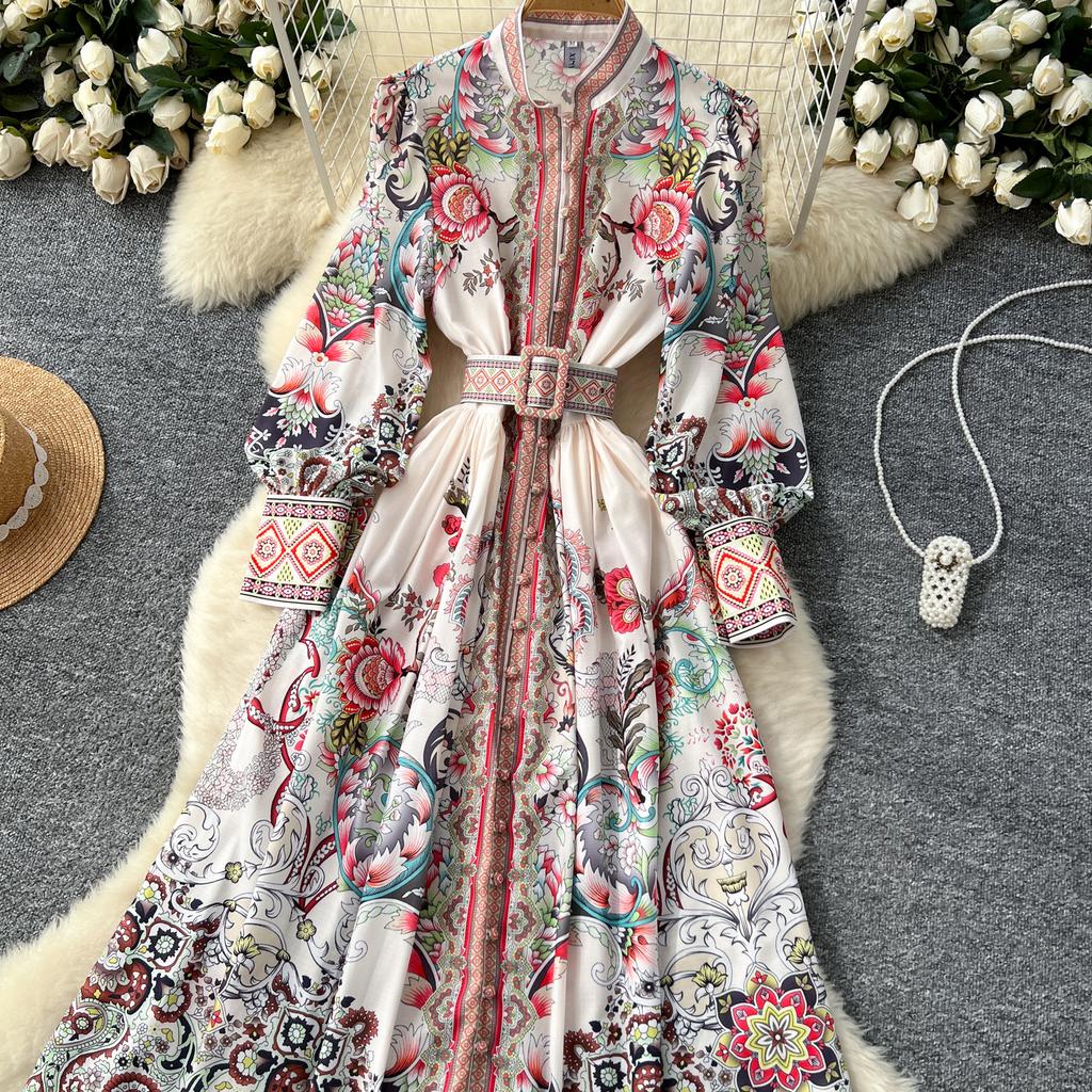 Frühling Herbst Damen Designer Runway Kleid Stehkragen Vintage Print Einreiher Urlaub Party Kleider mit Gürtel