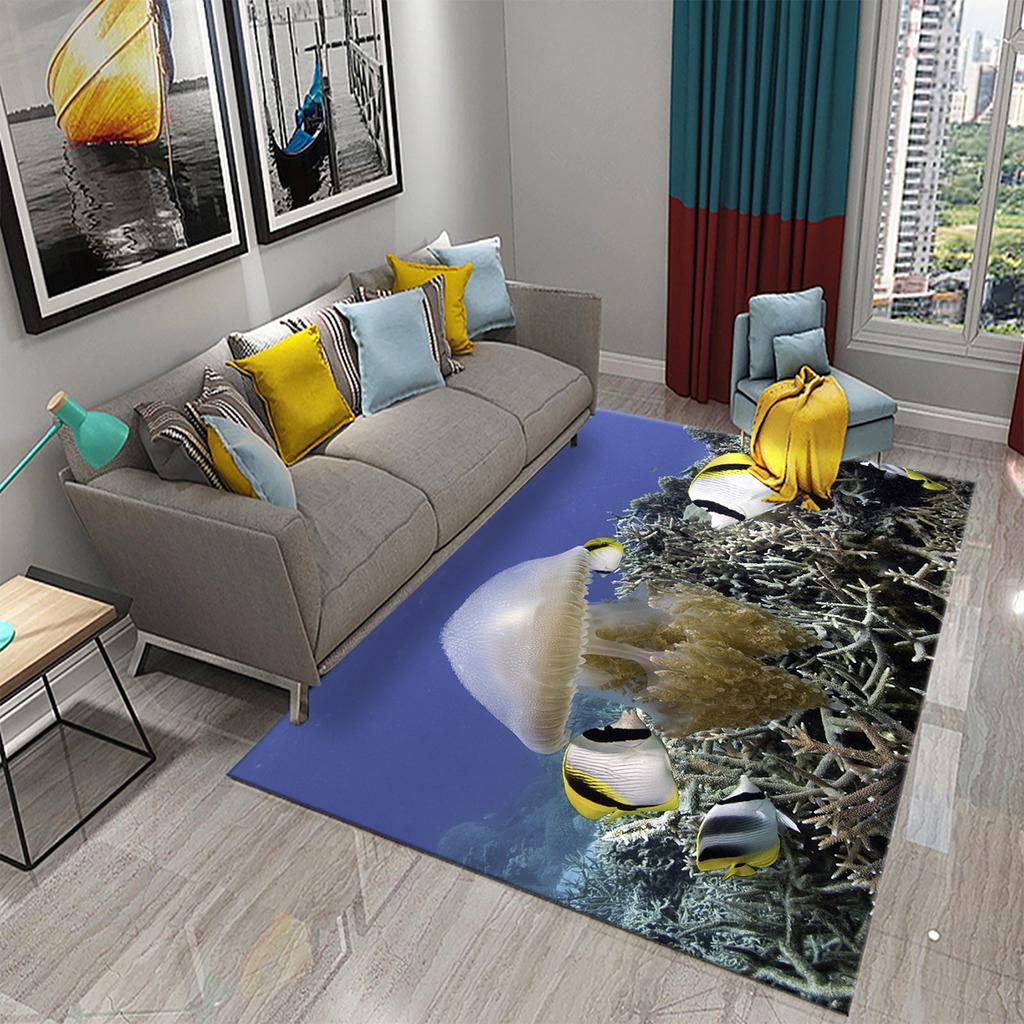 Underwater World Ocean Theme Carpet Cute Dolphin Octopus Sea Turtle Pattern Anti-slip Floor Mat for Living Room Bedroom Bathroom