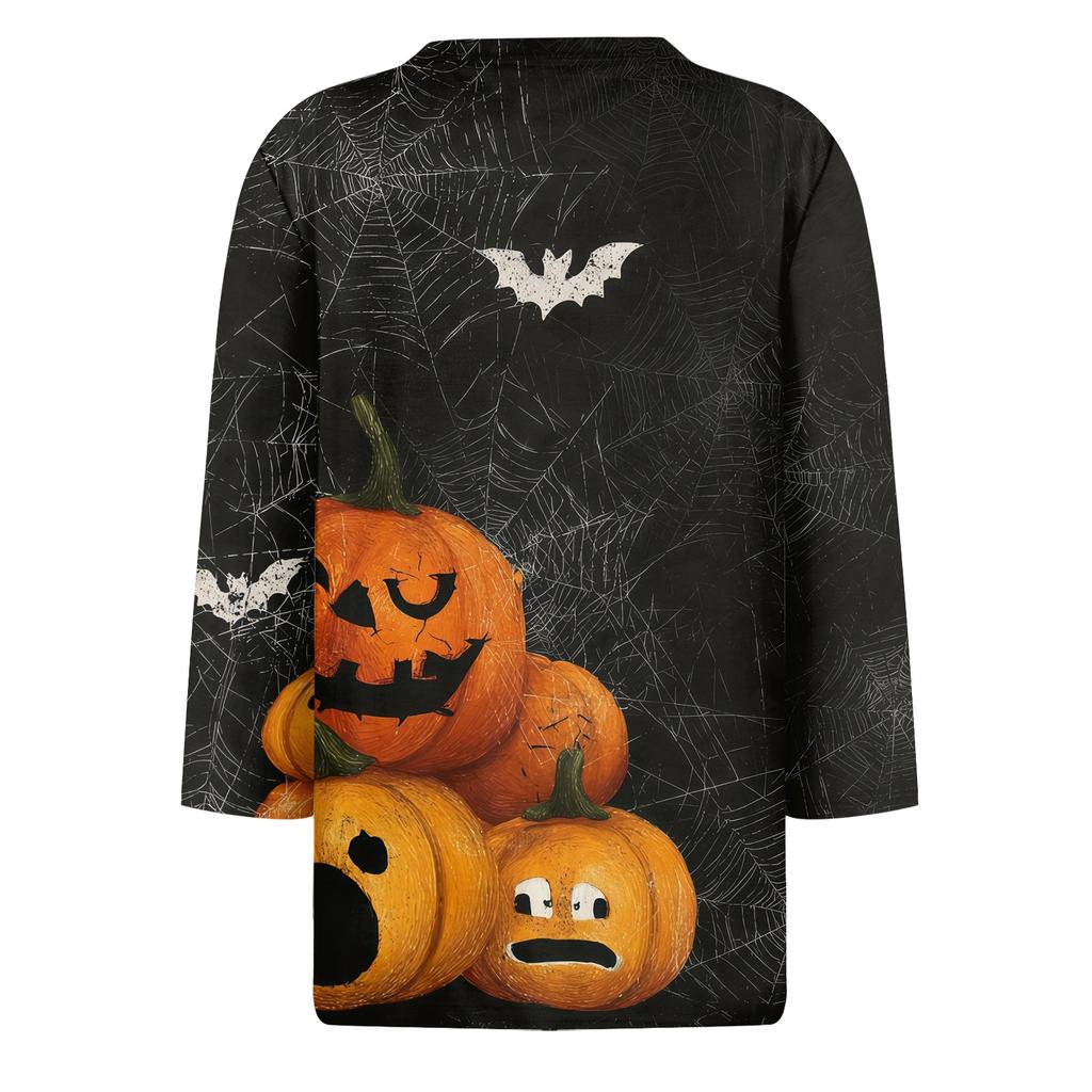 Women's 3/4 Sleeve Casual Loose Fit Round Neck Shirt Halloween Pumpkin Print T-Shirt Comfortable Lightweight Top for Everyday Wear