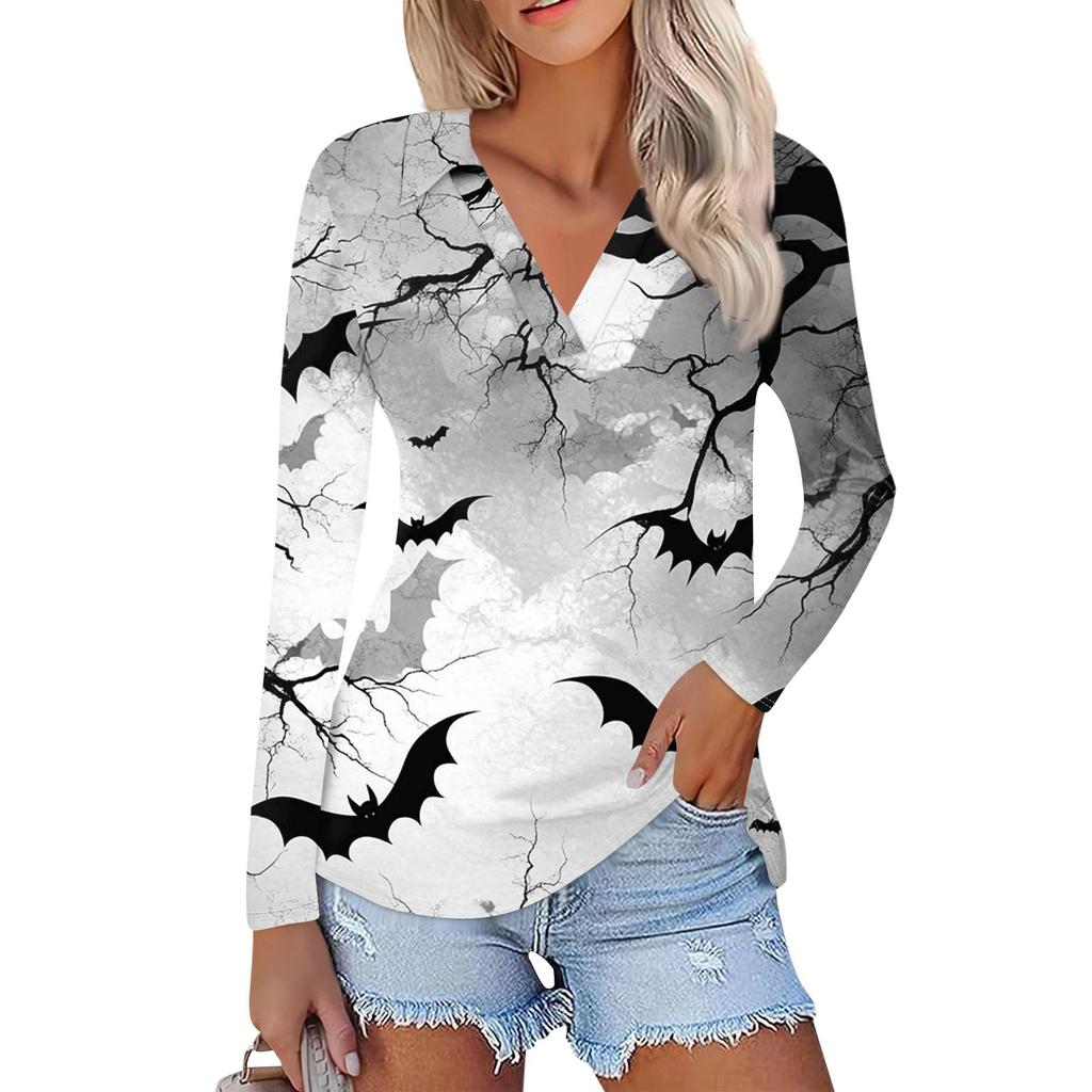 Dámská letní móda ležérní košile s potištěným výstřihem do V s dlouhým rukávem