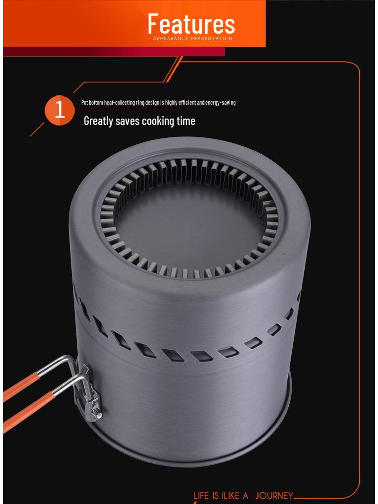 Set de vase portabile pentru camping: Oală care colectează căldura, Ceainic și Arzător cu cartuș