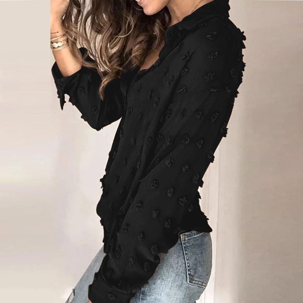 Button Down Shirt For Women Slim Fit Lapel V Neck Long Sleeve Dot Shirts Tunic