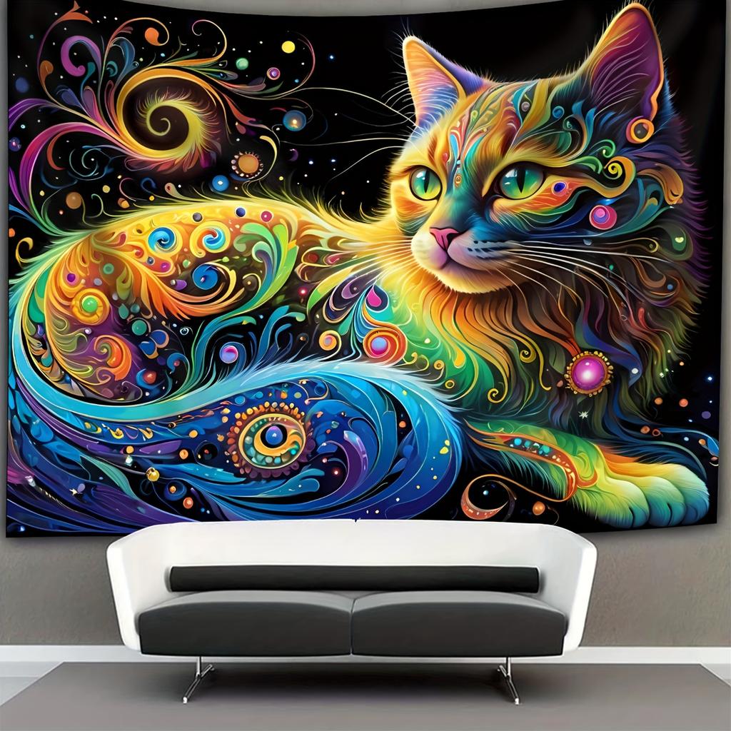 Psychedelic Cat Fluorescent Tapestry Outer Space UV BlackLight Tapestry, Wall Hanging For Living Room Bedroom Office Home Decor