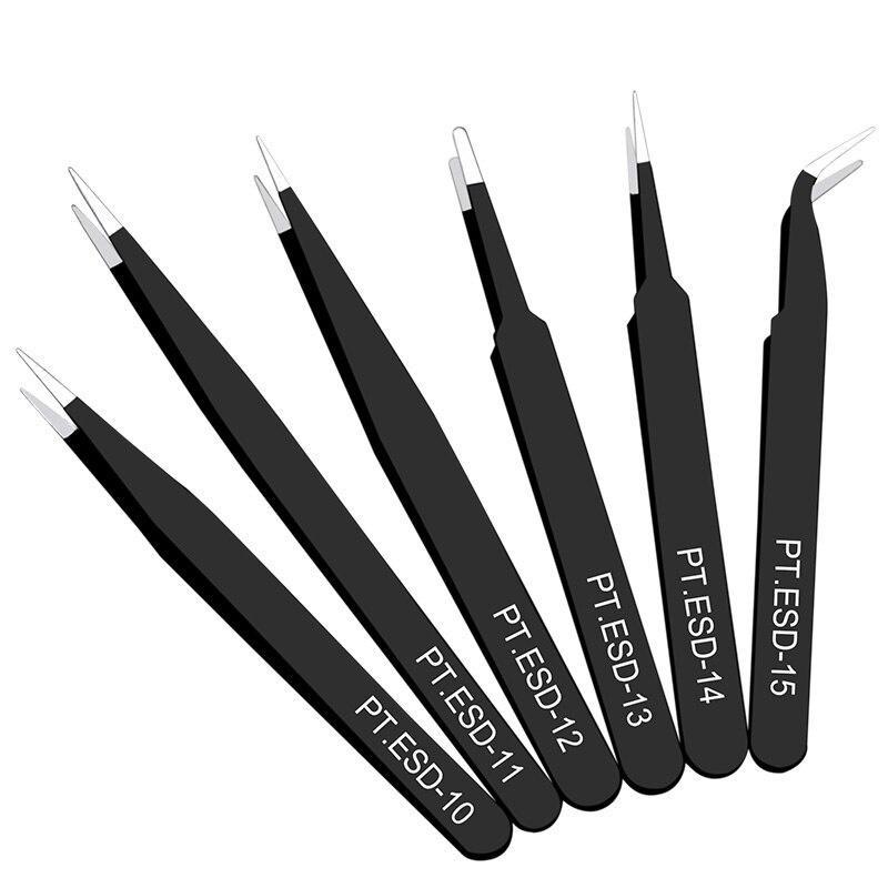 6 Pieces Per Set Anti-static Stainless Steel Tweezers Repair Tool Industrial Precision Curved Straight Tweezers Repair Tool