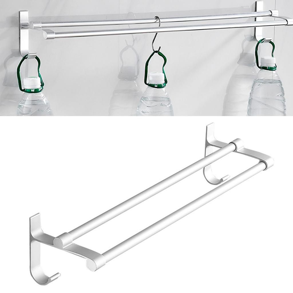 Silver White Double Rod Bar Towel Rack Aluminum No Punching Bathroom Wall Mounted Towel Hanging
