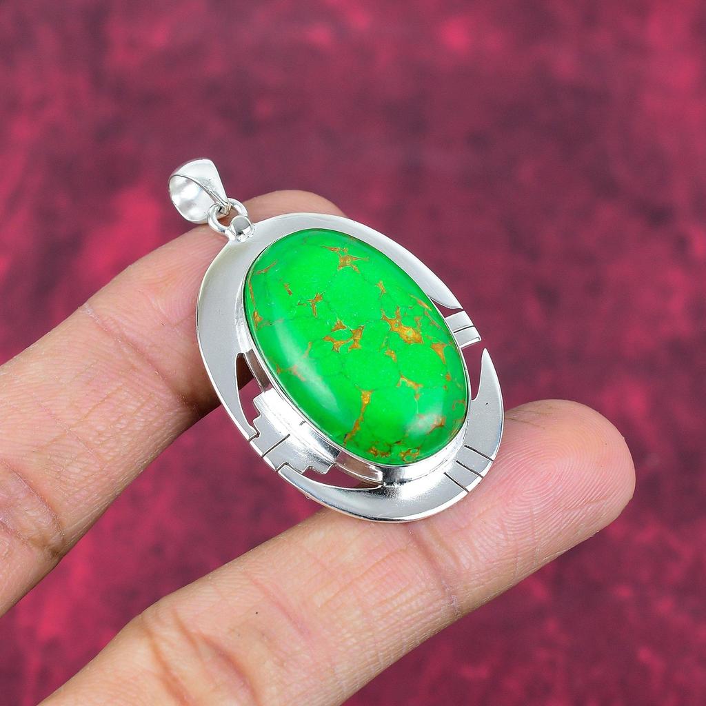 Green Copper Turquoise Pendant, 925 Sterling Silver Pendant Gemstone Jewelry, Handmade Pendant Amazing Jewelry, Gift For Her