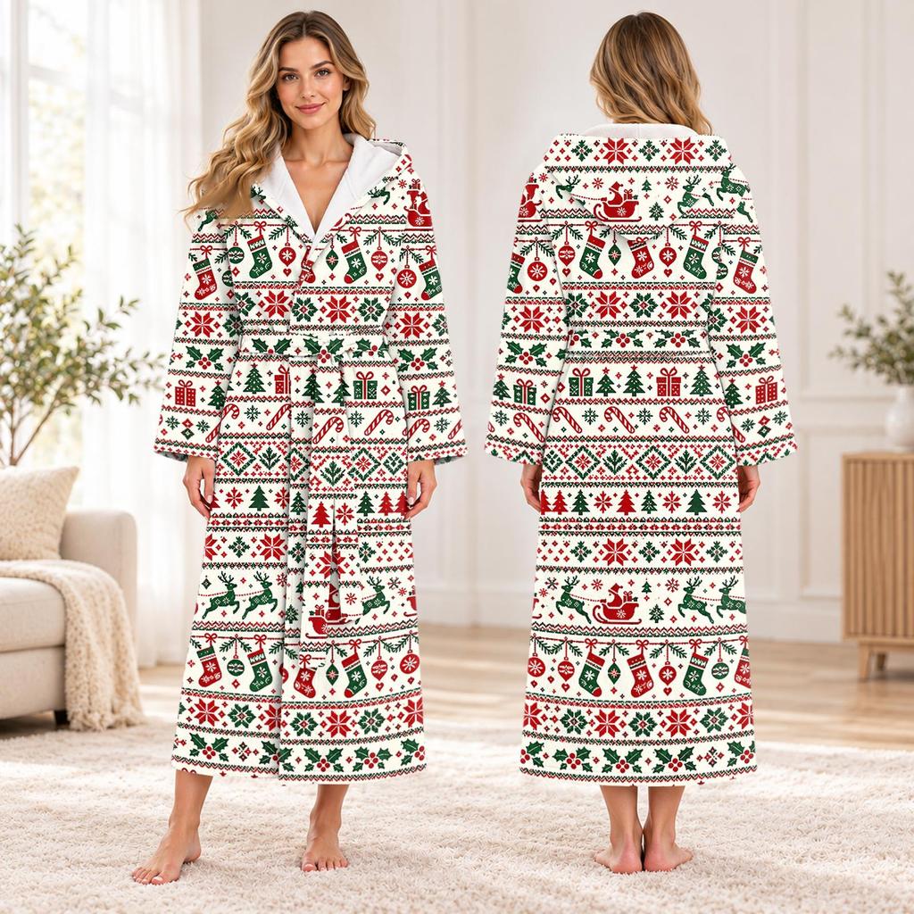 Unisex Long Christmas Print Flannel Bathrobe, Absorbent Quick-Dry Sleep Robe for Men and Women