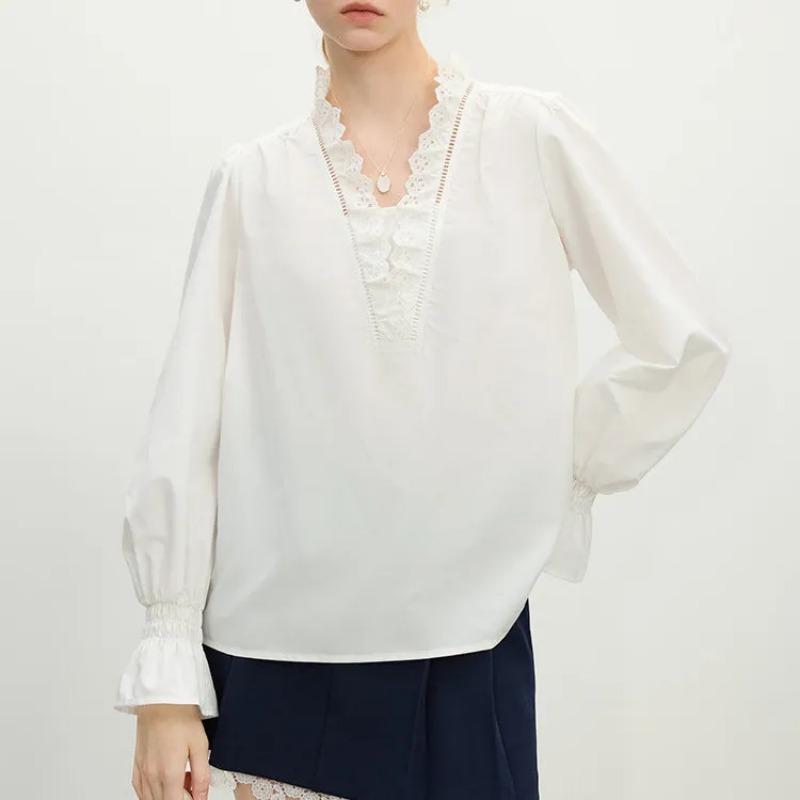 Women White Ruffle Collar Blouse V Neck Long Sleeve Loose Fit Casual Shirt L белый