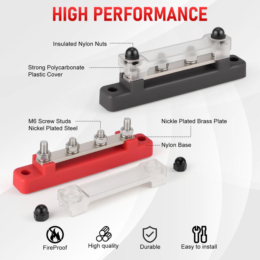 Bus Bar For Marine Car RV Solar Wiring Red Terminal Power Distribution Block 4 Post 48V 150A 1/4" M6 Stud Copper Nickel Plated