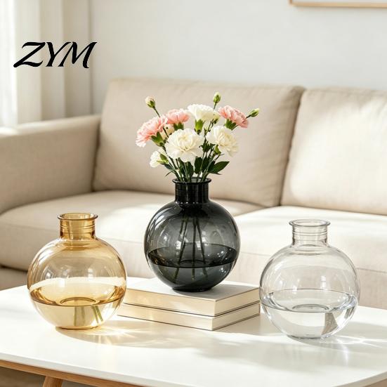 Artistic Home Decor Vase Clear Round Resin Vase, Transparent Sphere Flower Pot with Jute Modern Minimalist Hydroponic Bow, Plastic Planter for Plants,