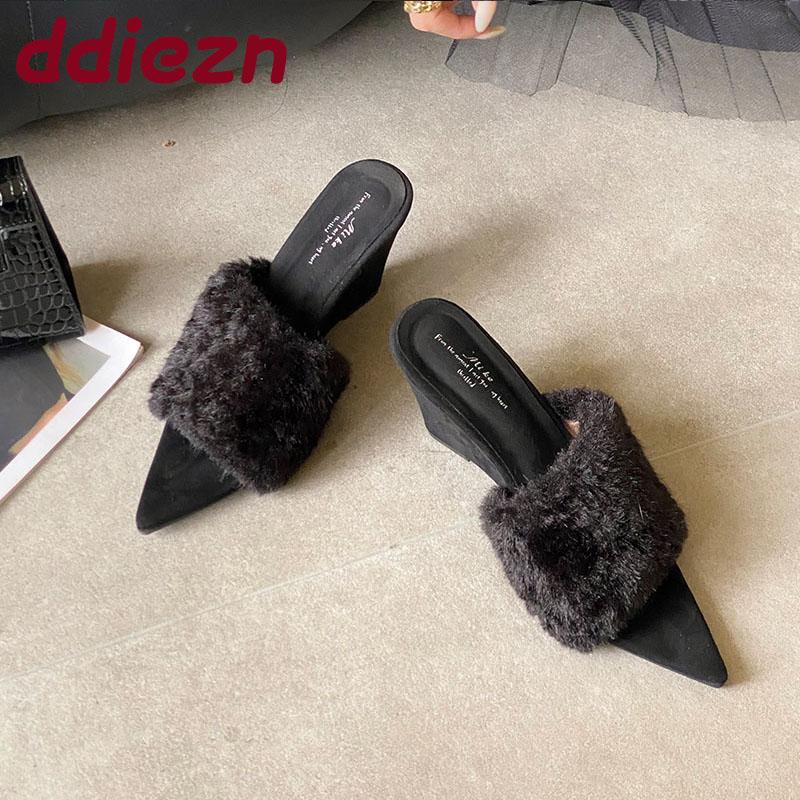 Fur Warm Women Pumps Wedges Shoes Female High Heels Footwear Pointed Toe Ladies Heeled Slides Sandals Wedges Shoes