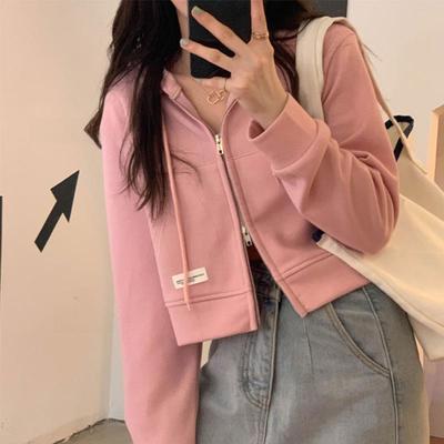 Damen Rosa Kurzer Reißverschluss Kapuzenpullover - Nischen-Design für Frühling/Sommer