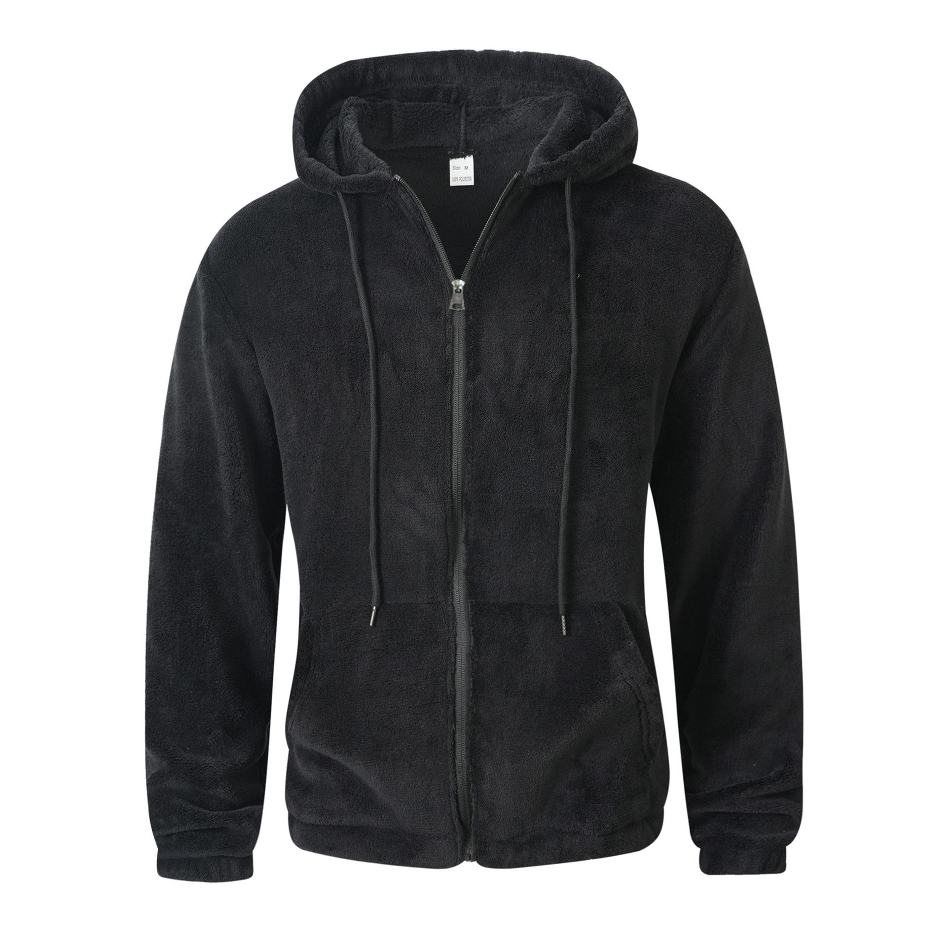 

New Solid Color Casual Plush Autumn and Winter Hooded Zipper Polar Fleece Sweatshirt Jacket XXL чорний