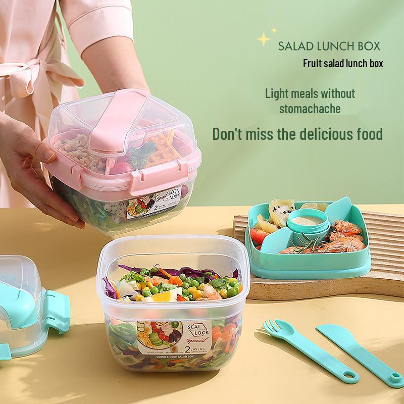 Double Layer Bento Picnic Box with Cutlery – Large Capacity & Fresh-Keeping for Salads