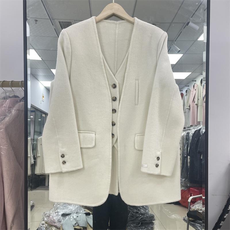 New Double-sided Wool Coat Women's Short Korean Version Loose Suit Fake Two-piece Woolen Coat Casual and Versatile