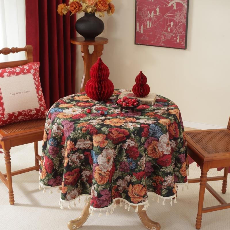 Home Decoratie Ronde Tafelkleed Pastorale Bloemige Jacquard Verdikte Tafelkleed met Kwastjes Feest Keuken Eettafelhoes 100cm Round