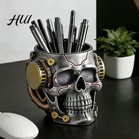 Heavy-duty Resin Pen Cup Skull Holder, Spooky Makeup Brush Detailed Mechanical Design Multi-functional Desktop Organizer for Home Office, Halloween