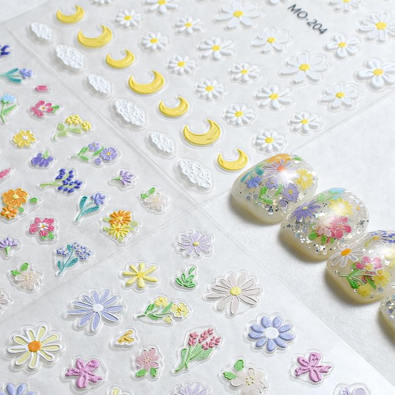Oil Painting Flower Nail Sticker Embossed Daisy Self-Adhesive Decals Nail Art Decoration Diy Manicure Design