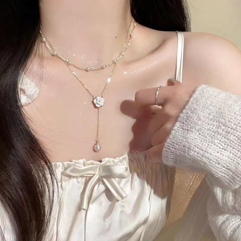 

Двухслойное жемчужное ожерелье с кисточками, женская цепочка на ключицу с камелией