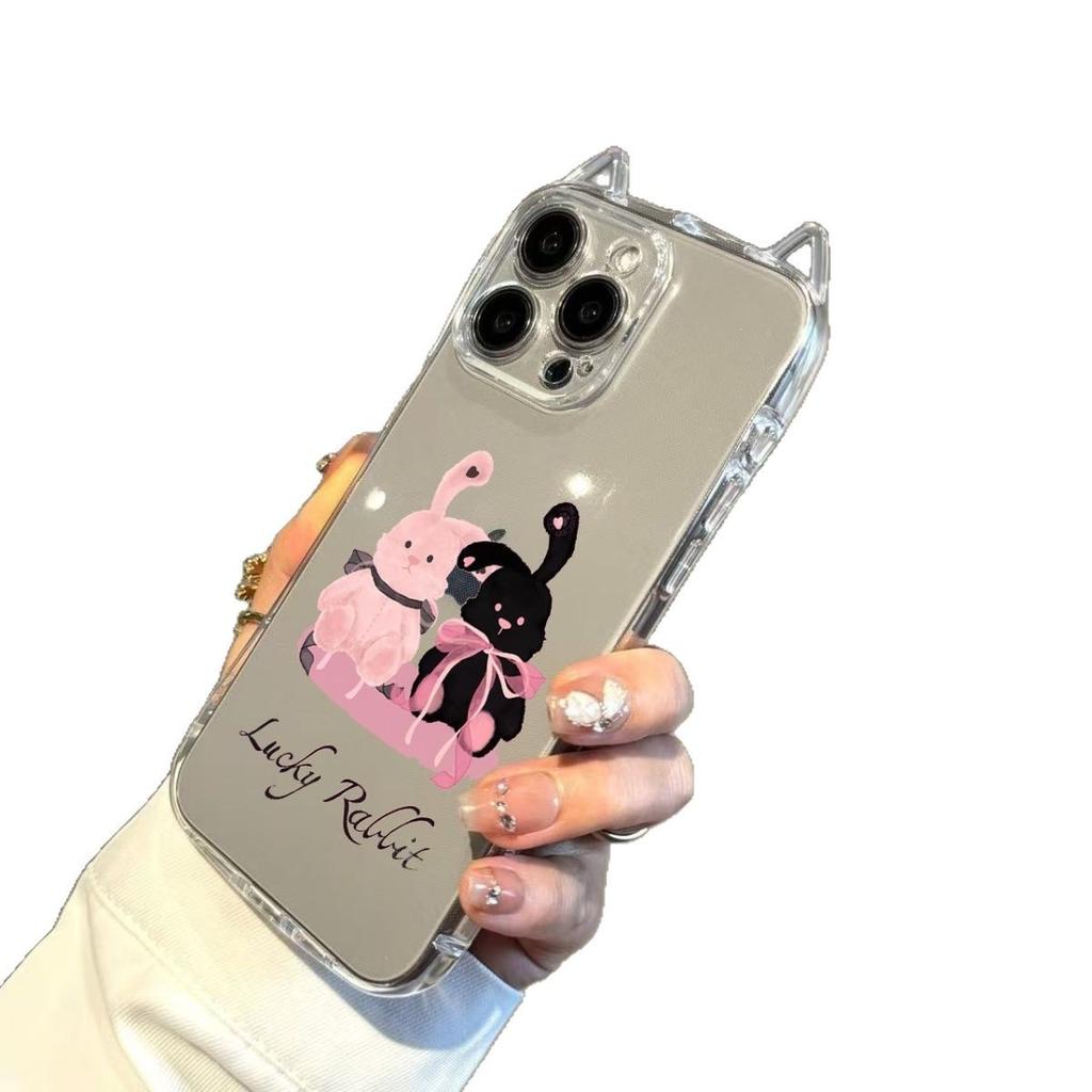 Pink Black Rabbit Suitable for Apple 17Pro Cat Ears Air Mobile Phone Case IP16 Transparent 15 Cute 14 Anti-drop 13 Soft