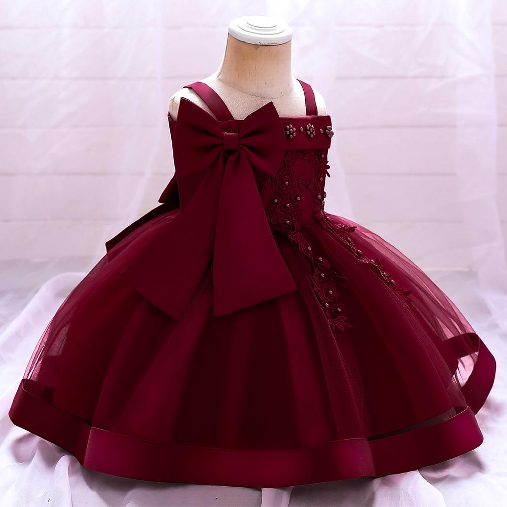 

European & American Beaded Floral Spaghetti Strap Off-Shoulder Princess Dress for One-Year-Old Girls 80 cm